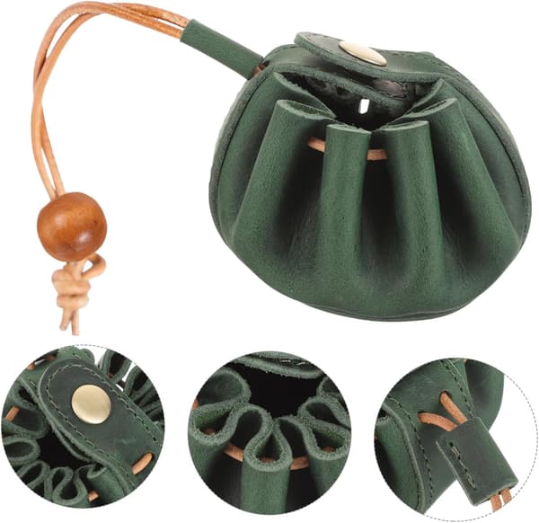 Portable Green Leather Dice Storage Pouch with Drawstring, Comfortable Hand Feel and Easy to Carry Small Game