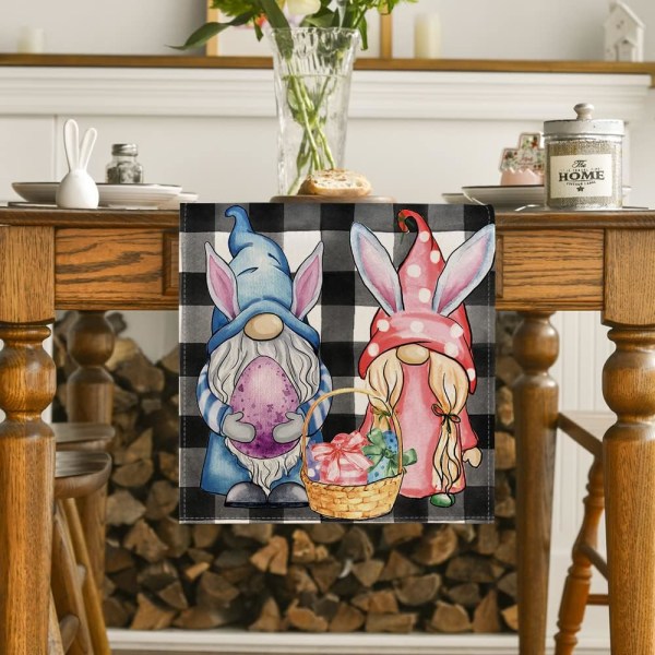 Buffalo Plaid Bunny Gnomes Egg Påskebordløper, vårsommer Sesongbestemt Ferie Kjøkken Spiseborddekor for Indoo