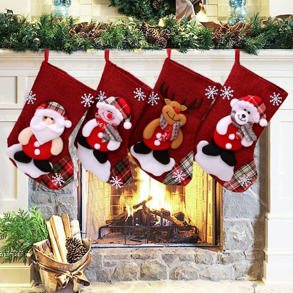 Julestrømper, 4-paknings julegavepose dekorasjonsgave bjørn, snømenn, elg og julenissepynt, julestrømpe julestrømpe Ch