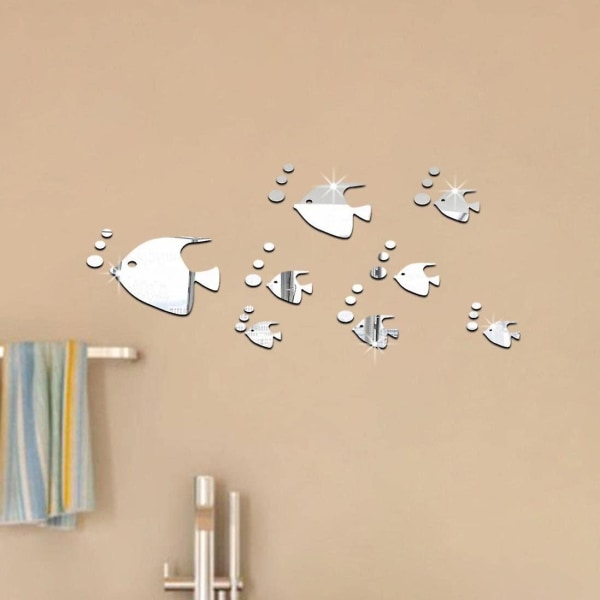 Väggklistermärken, havsfiskbubbla väggdekal 3d spegeleffektklistermärken Väggmålning själv-avtagbar dekal (1 set, silver)
