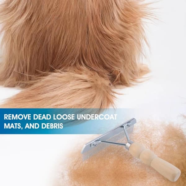 Undercoat Rake with Non-Slip Wooden Handle, Steel Comb for Medium and Large Pets