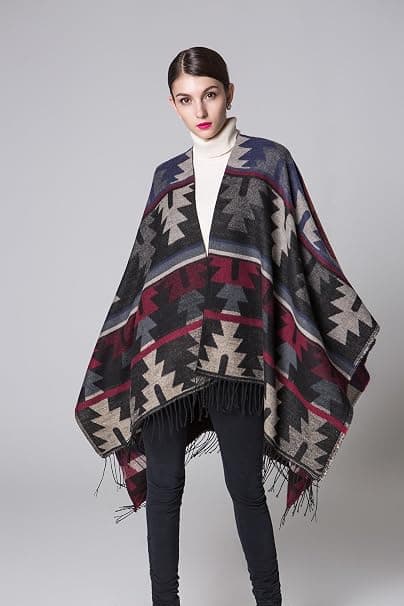 Mørkeblå 130 x 150 cm Dame Overdimensjonert Vinterrutete Poncho