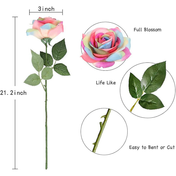 12 Pakke Kunstige Regnbueblomster, Regnbue Roser Buket Falske Regnbue Roser Ægte Touch Roser Silkeblomster Til Blomster DIY Hjem Bryllup Dekoration Par
