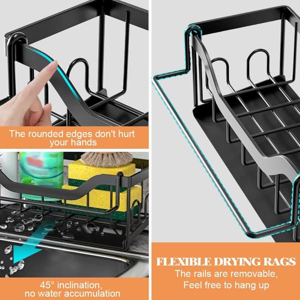 Sink Organizer, Wall Mounted Sponge Storage, Sink Organizer, Drill-Free Wall Mounted Kitchen Drain, Sink Sponge Holder with Towel Bar