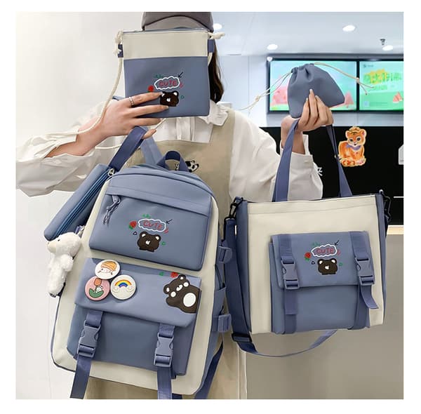 Five-piece School Bag Large Capacity Shoulder Bag Includes Bear Pendant-558 Blue