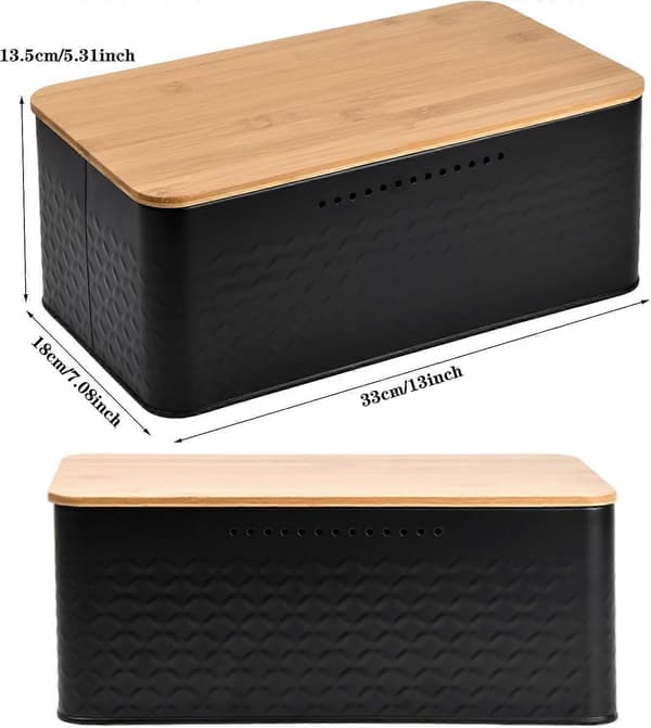 Metal Bread Box with Bamboo Lid, Adaptable as Cutting Board, Bread Box, Large Bread Box, 33x18x13.5 cm, Modern Rectangular Bread Box