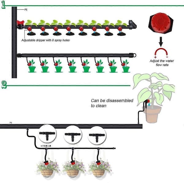 100 Pieces Adjustable Drip Irrigation System, Automatic Watering, Hose, Micro Sprinkler, Dripper for Plant Garden