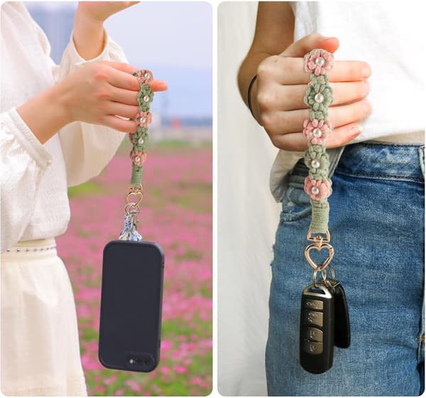1 stk Boho Makrame Nøkkelring Håndlaget Blomst Daisy Håndleddsnor med Legering Hjerteklips Kvinner, 200mm Rosa Pink