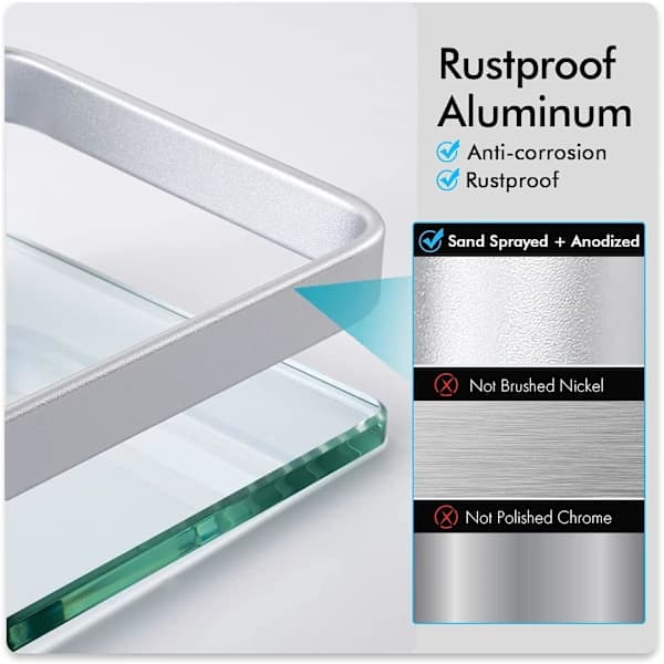 Glass Bathroom Shelf, Aluminum, 8mm Tempered Glass, Extra Thick, 1 Piece Rectangular, 1 Layer Storage Organizer, Wall Mounted, Silver