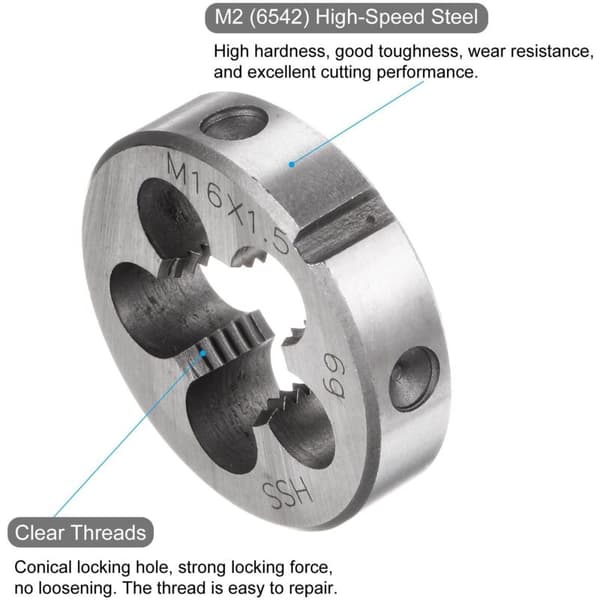 Round Threading Die. Metric Thread M16 x 1.5 (right). High-Speed Steel (HSS) Thread Repair Tool