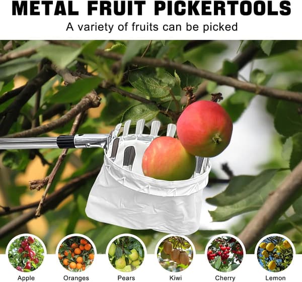 Fruit picker with bag, detachable fruit picker, with telescopic handle, 2m stainless steel fruit picker, collection bag