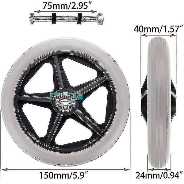 2 Pieces 15 cm Rubber Replacement Wheels for Wheelchair, Rollator, Non-slip Replacement Wheels, Wheels for Wheelchair, Replacement Wheels