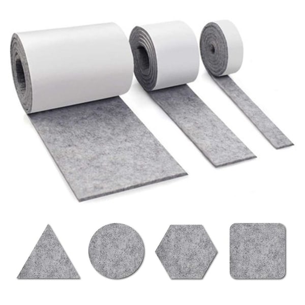 3 rullar självhäftande filt för möbler (100 cm * 10 cm + 100 cm * 5 cm + 100 cm * 2 cm) Klipp valfri form, starkt självhäftande glidmatta tejp, för stolgrå Grey
