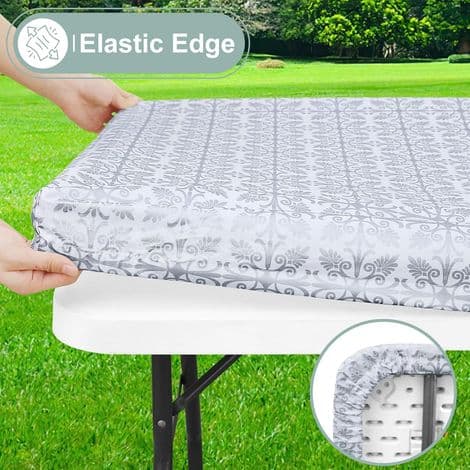 Rectangular Tablecloth in 100% Waterproof Vinyl - Elastic Edge - Non-Slip - For Folding Tables 30 x 72 inches - Camping, Outdoor Use - Silver Grey