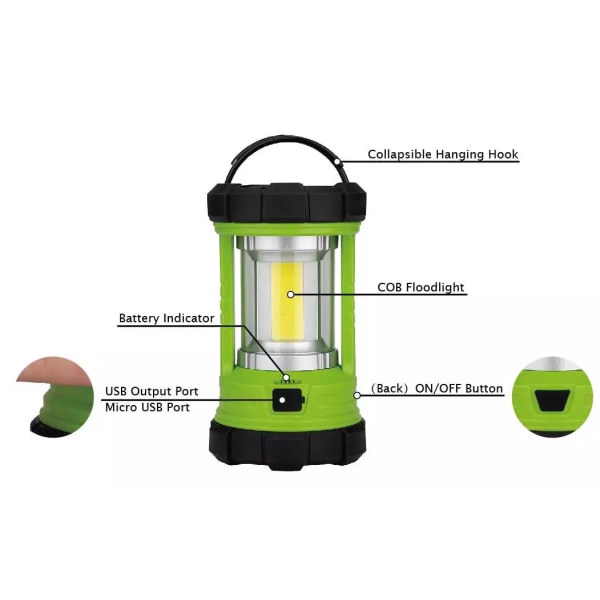 Uppladdningsbar campinglykta, 5 ljuslägen campingljuskapacitet LED-stötlykta Bärbara vattentäta orkanlyktor för nödsituationer (blekgrön)