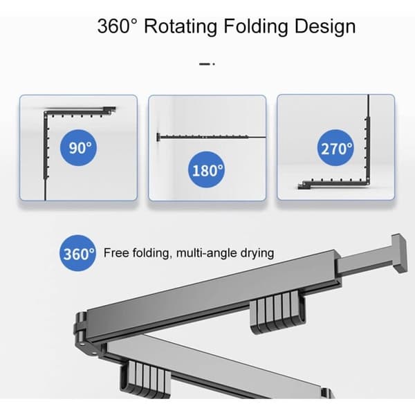 Wall Mounted Retractable Clothes Rack with Hooks, 360° Rotatable, Tri-Foldable for Balcony, Laundry Room (Black)