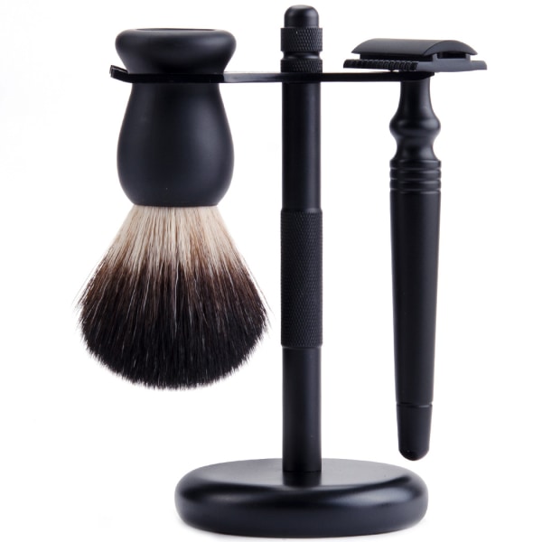 Natural Badger Hair Barberbørste og barberstativsett, mørk krom, svart, kompatibel med barberhøvel, kassett og engangshøvel