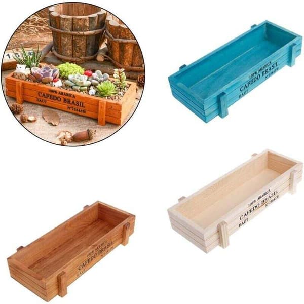 Self-watering planter box in natural wood, rectangular 3-piece set. For balcony, garden or kitchen. Environmentally friendly and durable.