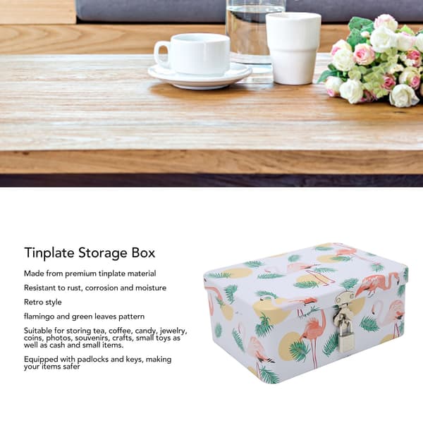 Tin Storage Boxes with Flamingo and Leaf Pattern, Versatile Rectangular Tin Box with Lock and Keys for Family and Office