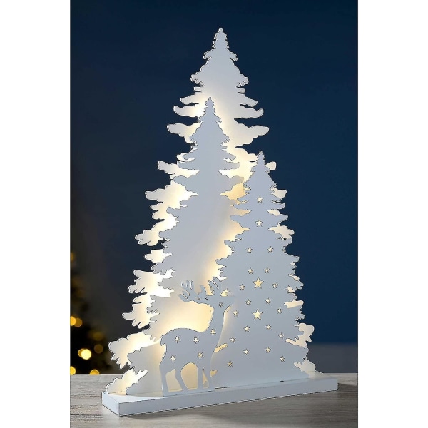 Joulukuusi ja poro -pöytäkoriste, valaistu, puu, 30 cm - Valkoinen 1 kpl