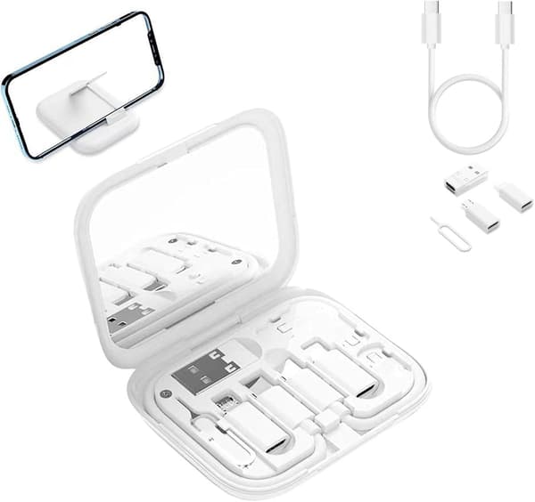 9 i 1-kabeltaske, USB-adapter, multiladekabeltaske, USB-adapter, multiladetaske med flere stik og SIM-kortholder, hvid