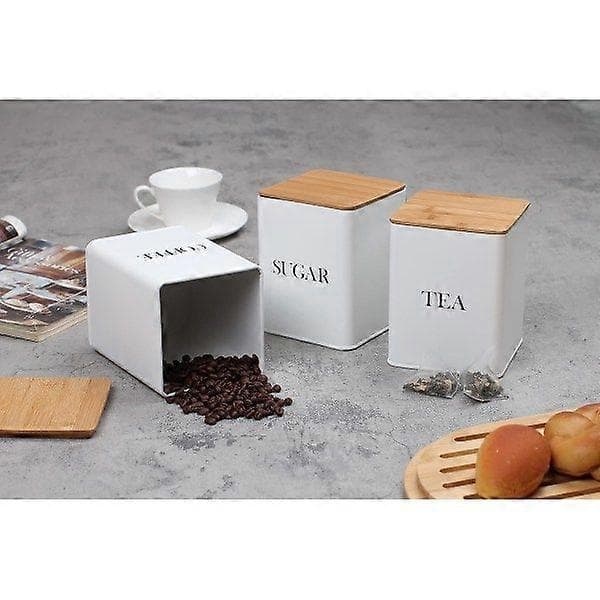 Sæt med 3 dåser til te, kaffe og sukker med lufttætte bambuslåg, hvid