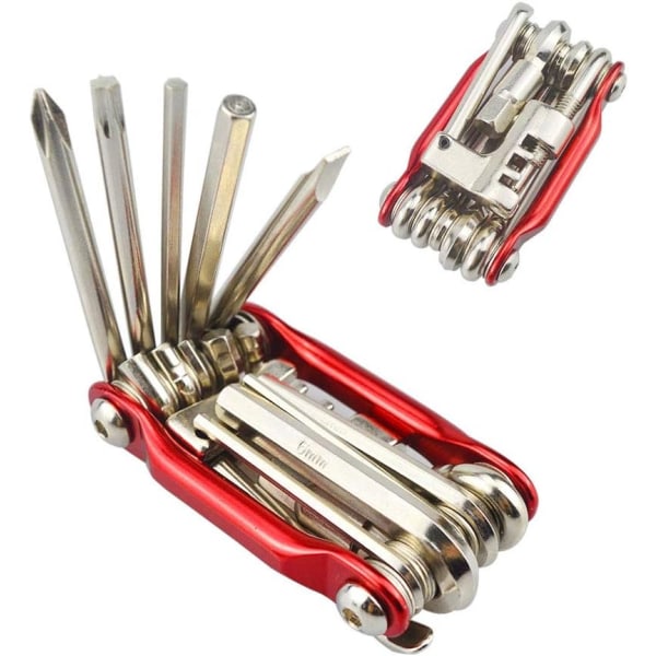 2 stk 11 i 1 multifunktions cykelreparationsværktøj, minicykel multiværktøjssæt, foldbart bærbart cykelvedligeholdelsesværktøj (rød)