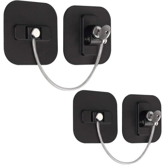 Child-safe window lock, 2 secure locks with stainless steel cable for windows and cabinets.