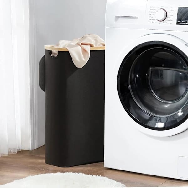 HA~Laundry basket with lid, 48 liters, large with laundry bag, foldable laundry baskets with handles, bamboo laundry basket, black