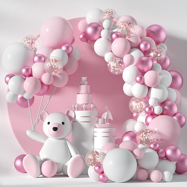 Metalliske rosegullballonger, 104 stk rosa hvite metallballonger i forskjellige størrelser Pakke som bursdagspynt, festpynt