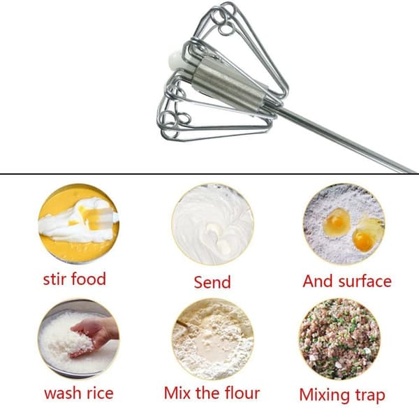 Semi-automatic spinning rotating egg whisk with hand power, stainless steel, kitchen utensil for mixing, whisking (2 pcs)