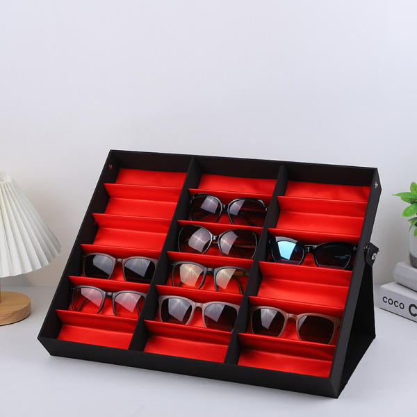 Solbrilleetui og opbevaring, 18 Slot Box, til briller og solbriller Display, sort