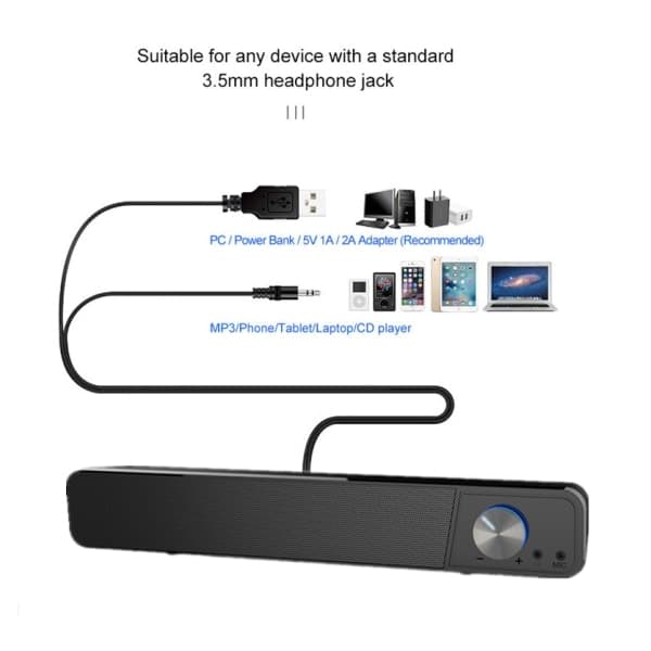 Black PC Speakers, 12 Watt, PC Soundbar, USB Powered, 3.5mm