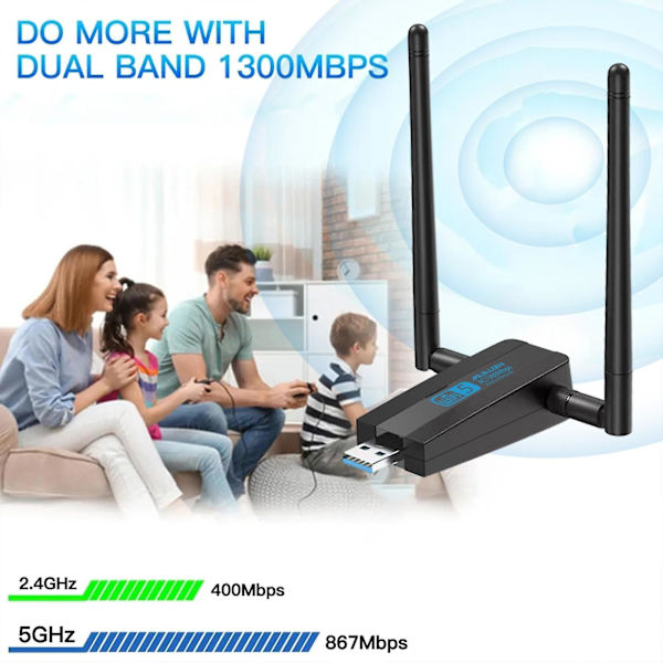 1300 Mbps Trådløst Netværkskort Driverfri Adapter Wifi Dobbelt Bånd 2.4g/5ghz Sort