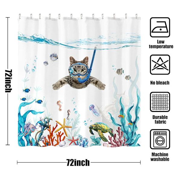 Sjov Kat Bruseforhængssæt Teal Blå Hav Ocean Vandtæt Stof Bruseforhæng med Dyr Blæksprutte Skildpadde (Blå, 72''×72'')