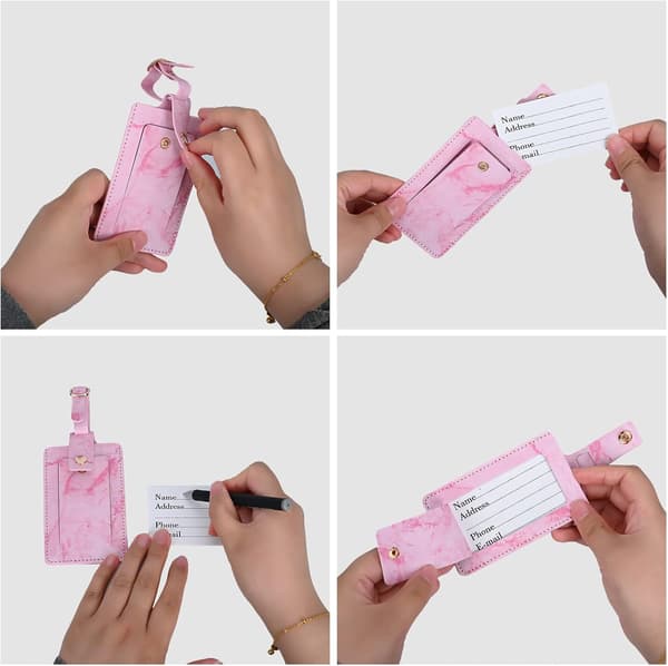 4 stk (rosa, sort, blå og grå) bagagemærker, kufferter i læder