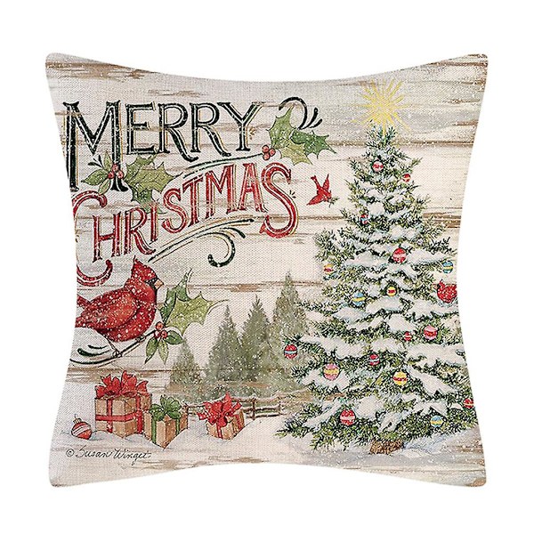 Julepute i lin med landlig stil, vintage tegneseriejulemotiv, retro julescene, pute til julepynt C