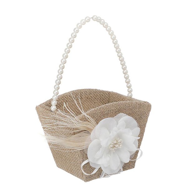 Blomsterpikekurv i landlig stil med perlehåndtak, burlap og jute, for bryllup