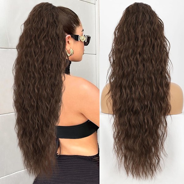 Hestehale Extensions, 30 tommer Snørestramming Clip-on Lang Bølgete Hestehale Syntetisk Krøllete Hårstykke for Kvinner og Jenter (30 tommer, Medium Brun)