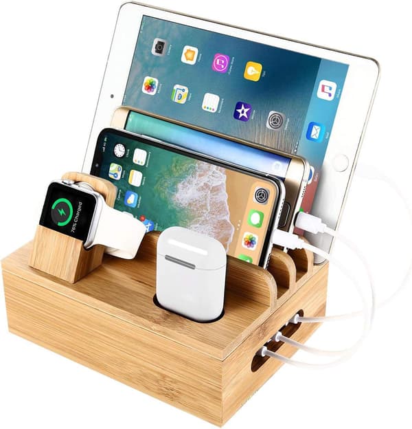 Bamboo Wood Multi-Device Charging Station and Storage Box, Univer
