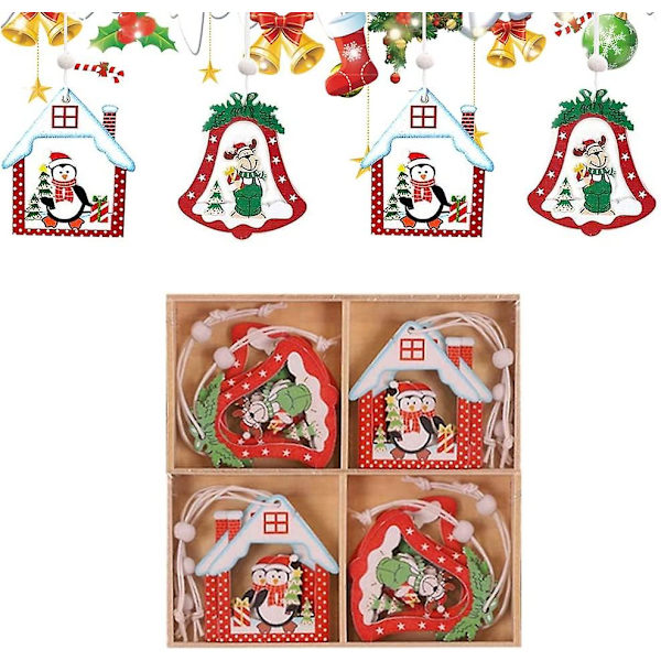 12 Stykker Trejulepynt Hengende Trepynt Hengende Ornamenter Med Treoppbevaringsboks Tvinn Og Perler For Juletre Og Festdekorasjoner (