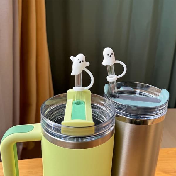 Cute Ghost Straw Covers, Compatible with Stanley Cup 30 40 oz, 4-Piece Reusable Silicone Straw Toppers, Fun Mug Accessories