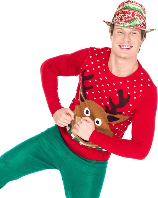 Grim Sweater Fedora Hat - Sjov Jule Rød og Grøn Grim Sweater Partyhat