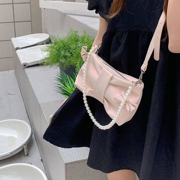 Koreansk Crossbody Väska Pärlkedja Underarm Väska Rosett Axelväska Vit