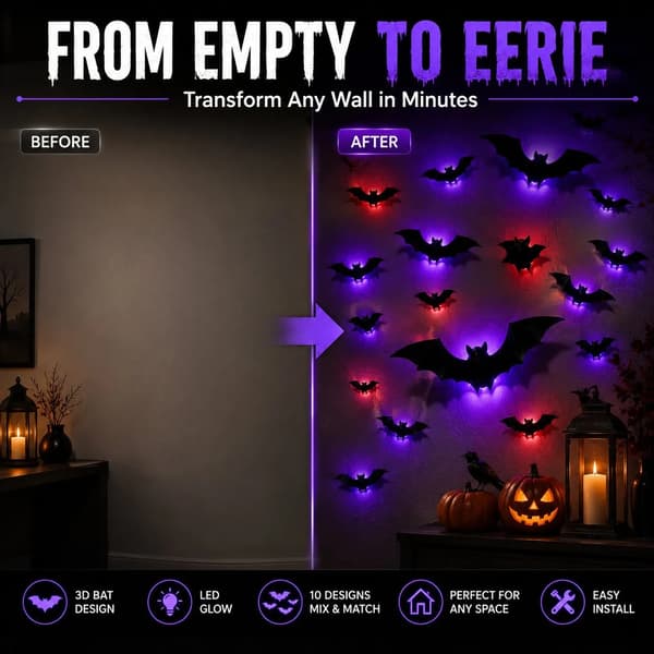 3D LED Luminous Bat Wall Decorations, Halloween Flying Bats Set, 24-piece 24pcs 24pcs