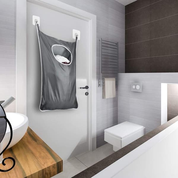 Durable Hanging Laundry Hamper with Stainless Steel Hook - Space-Saving Wall Door Basket with Zipper - Bathroom Storage