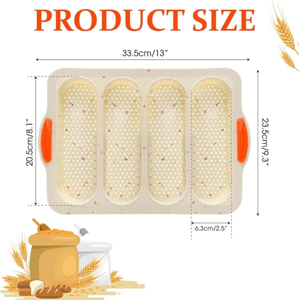 Bakeplate for French bread rolls, four compartments, non-stick silicone mold, for sandwich baguettes, mini tool set.
