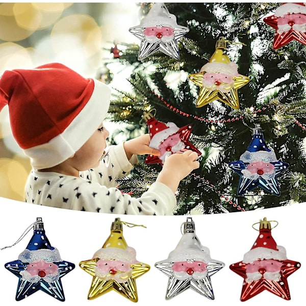 Julepyntsalg, juletrepynt Ornamenter Tegneserie Julenissen Femspisset Stjerne Henger For Julefest 4stk Flerfarget