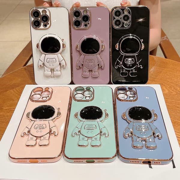 6D Electroplated Astronaut Foldable Stand Case for iPhone Women Astronaut Foldable Stand iPhone Case with Camera Protection Soft TPU Black{xh}