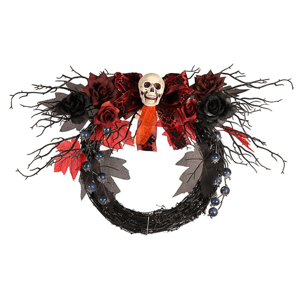 Halloween Scary Skull Door Garland with Faux Rose Flower Blueberry Leaf Ribbon LED Light Up Rattan Garland DecorationA